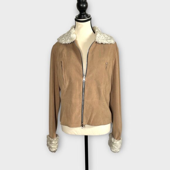 ABS by Allen Schwartz Jacket 12 Faux Fur Trim Tan Camel Fully Lined EUC - Picture 1 of 8
